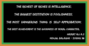 "O my son, Nothing will harm you if you follow this. That the richest of riches is intelligence; the biggest destitution is foolishness; The most dangerous thing is self-approbation and the best achievement is the goodness of moral character." [Book:  Nehjul Balagha Saying 38]