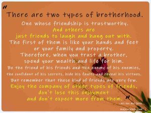 There are two types of brotherhood. One whose friendship is trustworthy. And others are just friends to laugh and hang out with. The first of them is like your hands and feet or your family and property. Therefore, when you trust a brother, spend your wealth and life for him. Be the friend of his friends and the enemy of his enemies, the confidant of his secrets, hide his faults and reveal his virtues. But remember that these kind of friends are very few. Enjoy the company of other types of friends, don't lose this enjoyment and don't expect more from them.