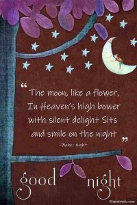 The moon, like a flower, In Heaven’s high bower with silent delight Sits and smile on the night Good Night quote by Blake : Night