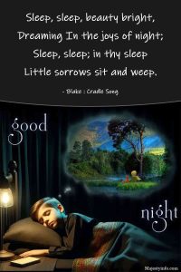 Sleep, sleep, beauty bright, Dreaming In the joys of night; Sleep, sleep; in thy sleep Little sorrows sit and weep. - Blake : Cradle Song