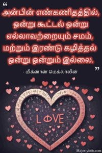 “In the arithmetic of love, one plus one equals everything, and two minus one equals nothing.” ― Romantic love quote in tamil by Mignon McLaughlin